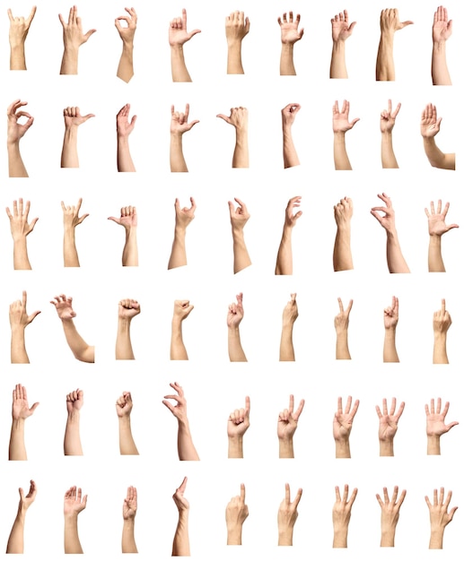 Male hand gesture and sign collection isolated over white background set of multiple pictures