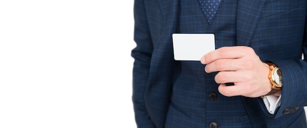 Male hand hold empty visiting contact card presenting information for copy space isolated on white