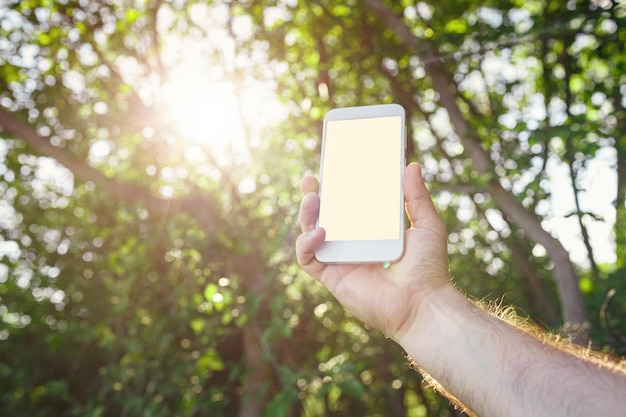 男性の手は緑の森の背景のぼやけた画像の上に白いスマートフォンを保持します