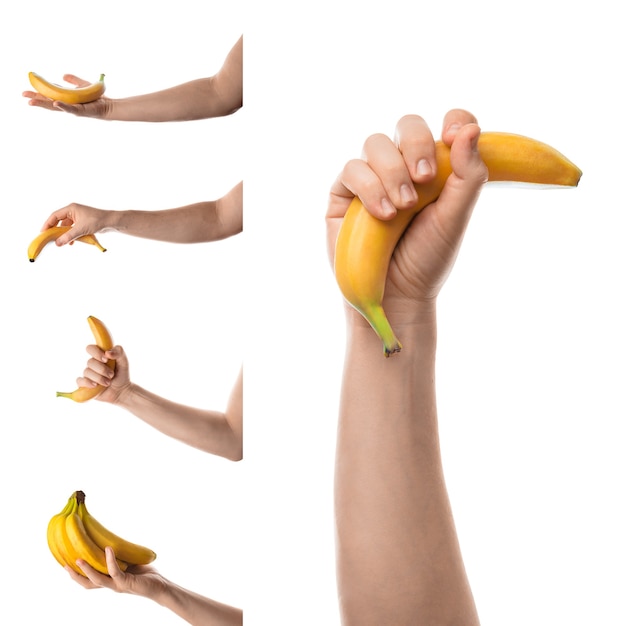 Foto mano maschile che tiene una bananauomo che tiene un mazzo di banane collage di foto del set