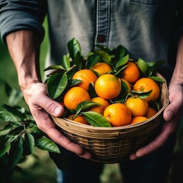 Male hand holding basket with fresh delicious oranges organic products farm plantation for