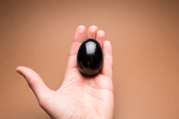 Male hand holding a black chicken egg on a brown background.