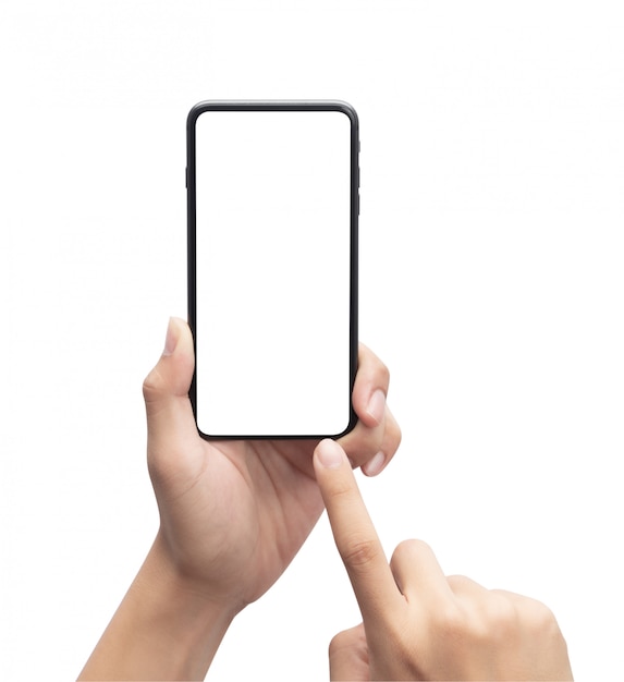 Male hand holding the black smartphone and touching on blank screen isolated on white background with clipping path.