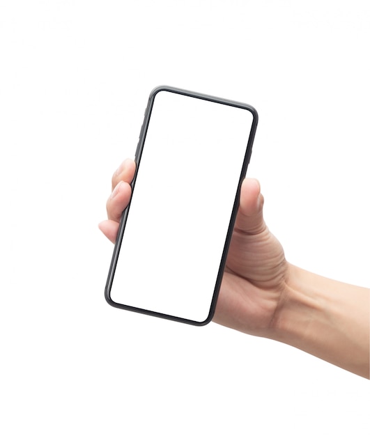 Male hand holding the black smartphone with blank screen isolated