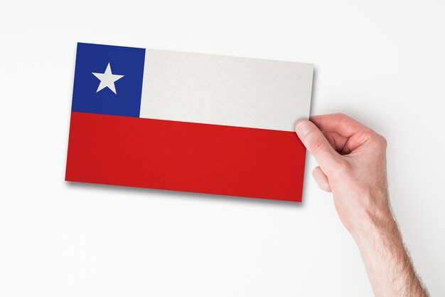 Male hand holding chile flag