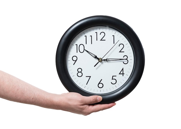 Male hand holding a clock isolated on white background