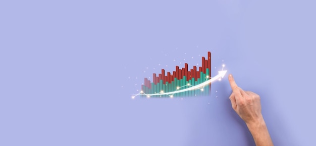 Photo male hand holding graph icon.checking analyzing sales data growth graph chart and stock market on global networking. business strategy, planning and digital marketing