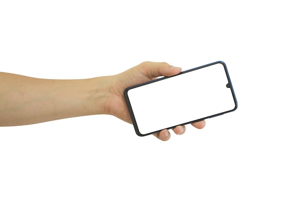 male hand holding mobile smartphone with blank screen isolated on white background clipping path include