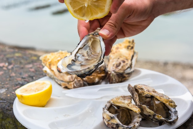 Male hand holding oysters