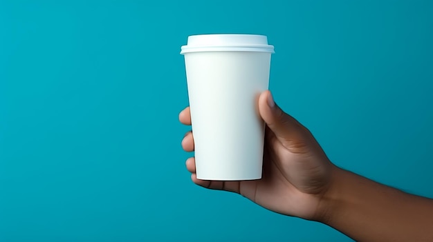 Male hand holding a paper cup of coffee on the blue background