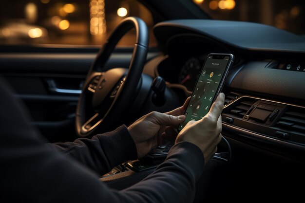 male hand holding phone with city map on the screen while driving car