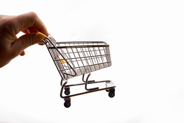 Male hand holding small shopping trolley on white