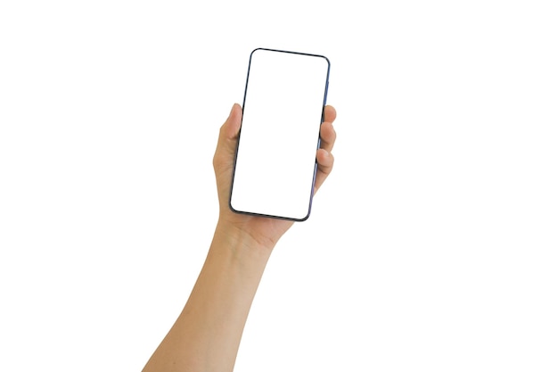 Male hand holding smart phone with white blank empty screen isolated on white background include clipping path Using for mockup browsing or social media application Technology Concept