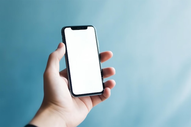 Male hand holding smartphone with blank white screen isolated on blue pastel background