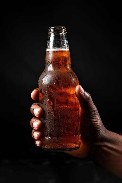 a male hand holding up a bottle of beer isolated on a black background with copy space