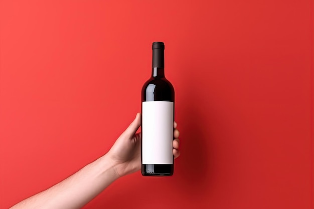 Male hand holding wine bottle mock up style AI Generated illustration