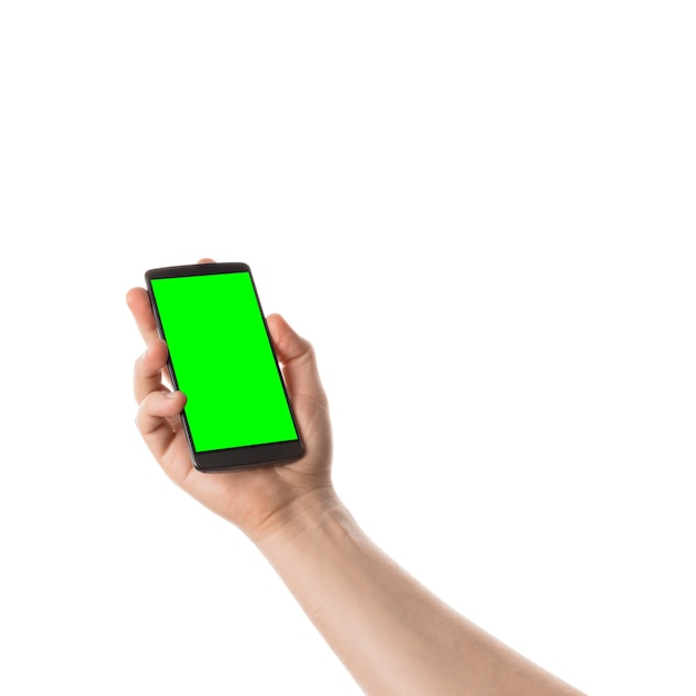 Male hand holds black smartphone Isolated screen with chroma key isolated on white background