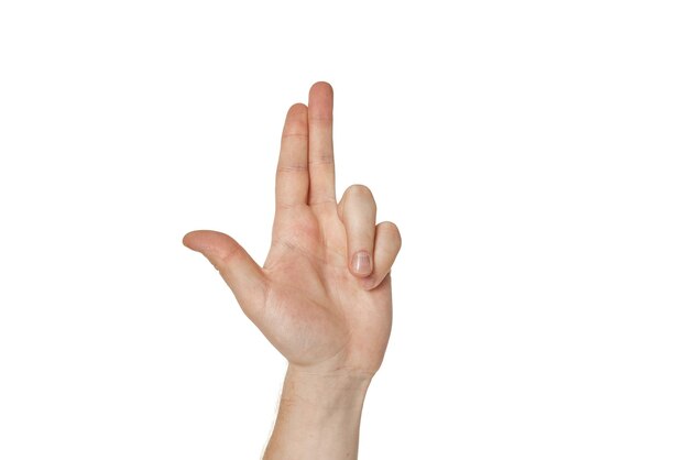 male hand making gun gesture on white background