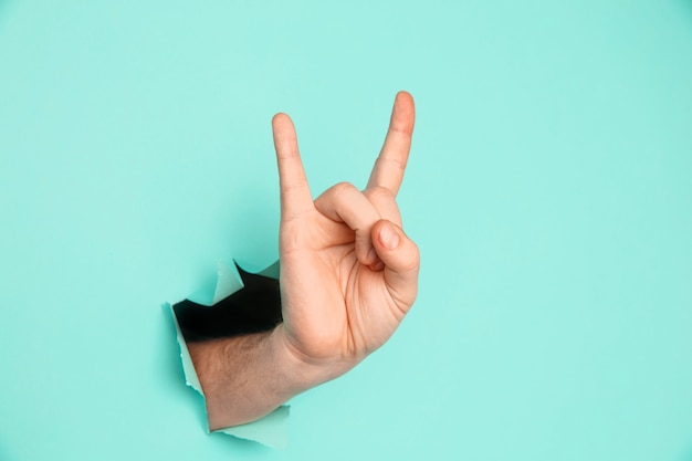 Male hand making a rock and roll gesture, party, goat on a blue background