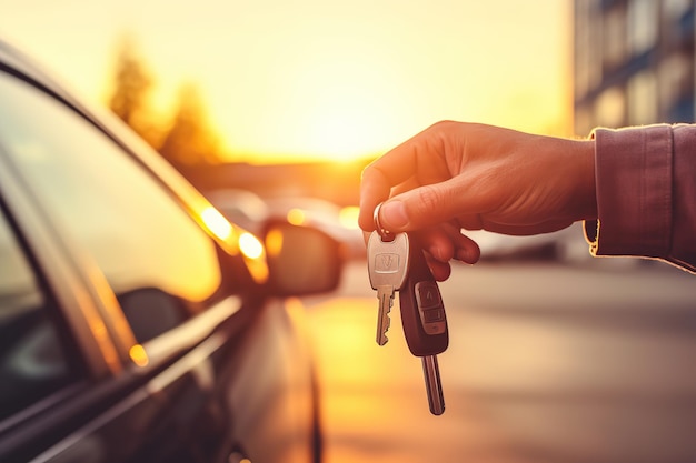 Male hand opening car door by car key