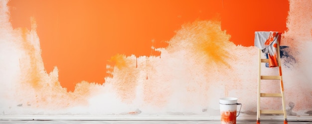 Male hand painting wall with paint roller with orange color panorama Generative Ai