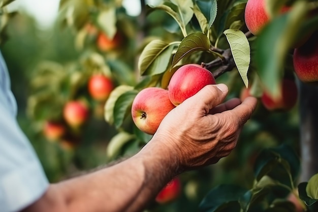 Male hand picking up red apple AI Generated