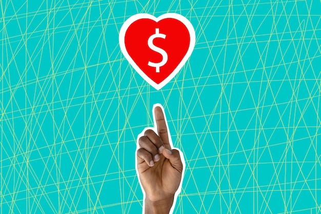 Foto mano maschile che punta sul cuore rosso con il simbolo del dollaro isolato su sfondo blu copia spazio come nel concetto di strategia aziendale di social network collage d'arte