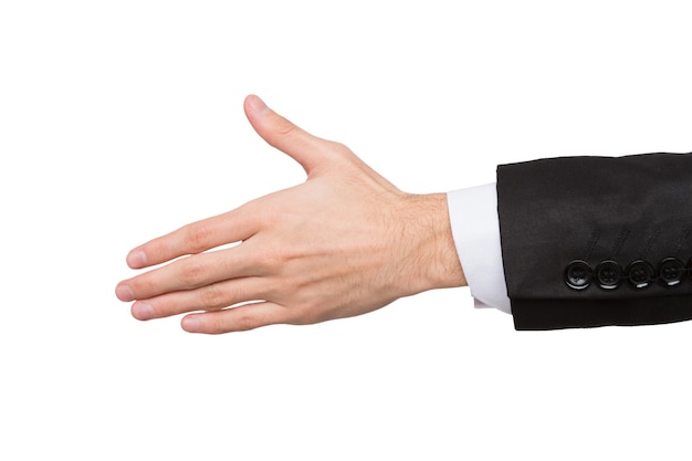 Male hand ready for handshake isolated on white background. Man inviting by open palm, greeting concept