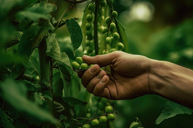 Male Hand Selecting Juicy Peas from the Serene Forest