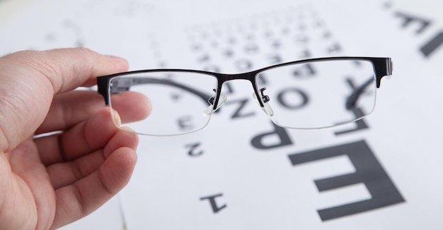 Male hand showing eyeglasses Eye test chart Medical eye diagnostic