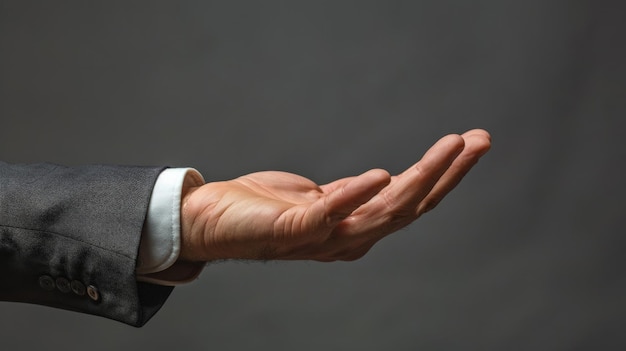 Male hand in a suit shows a palm up gesture on a gray background Concept of request bankruptcy closeup