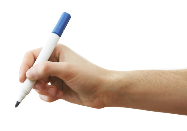 Male hand with marker isolated on white