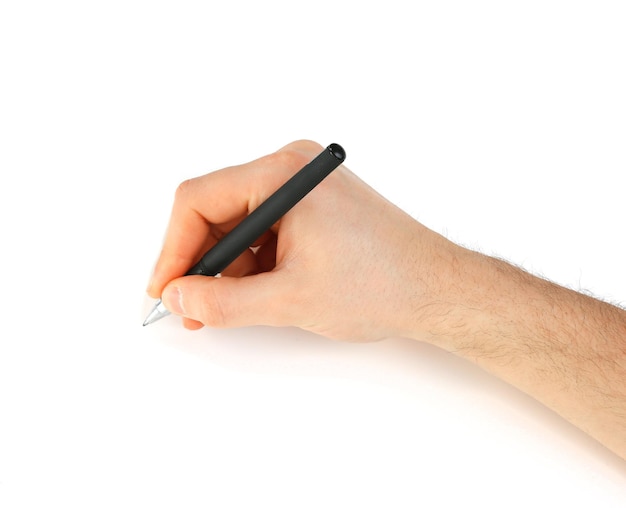 Male hand with pen isolated on white