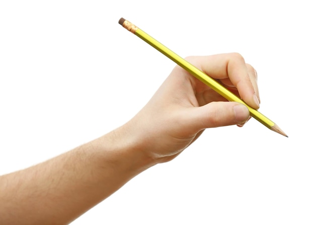 Male hand with pencil isolated on white