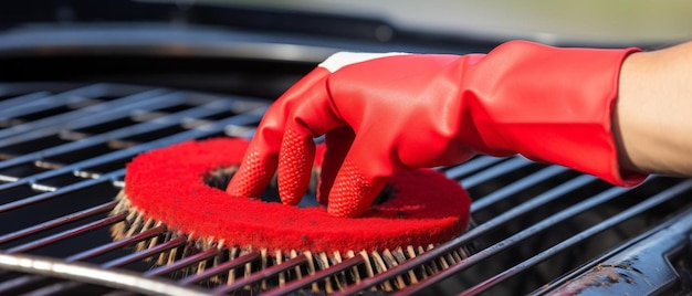 male hand with red gloves cleans round grill with stiff brush