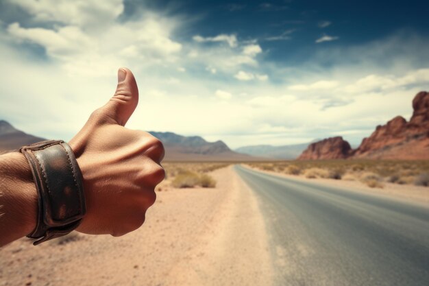 Photo male hand with thumb up hitchhiking on the background of the road