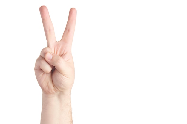 Male hand with two fingers up isolated on white background Brutal man's index and middle finger showing victory gesture Finger gestures Copy space