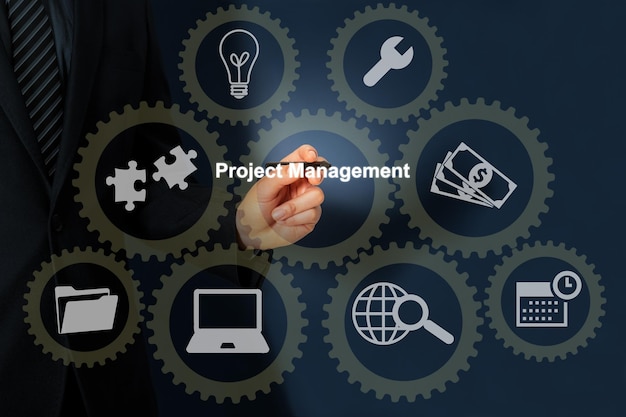 프로젝트 관리자와 작업하는 남성 손 시간 관리 프로젝트 계획 비즈니스 인터넷 기술