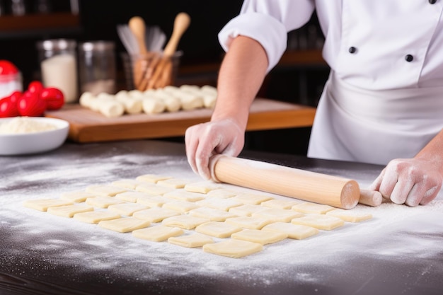 Male hands of baker with rolling pin doing baking dough on table