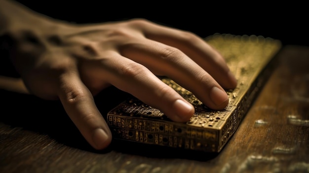 Male hands on a board with bulges Imitation Braille