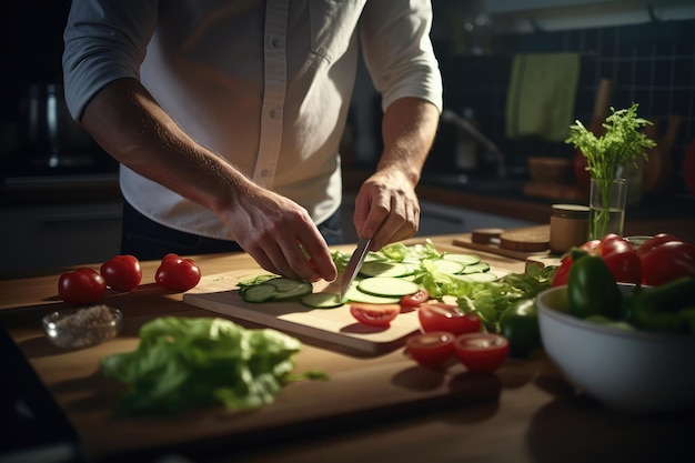 写真 キッチンで野菜をカットする男性の手