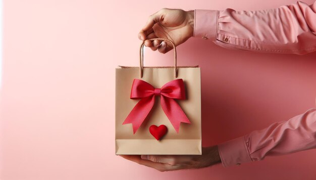 Male hands hold a gift bag with a bow Congratulations a gift for Mothers DaybirthdayWomens Day