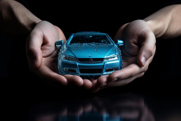 Photo male hands holding a blue car in a safety concept generative by ai