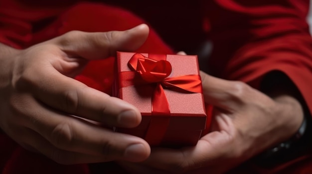 Male hands holding a red gift box to a woman female holiday gift generative ai