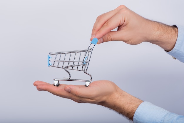 Male hands holding small shopping cart