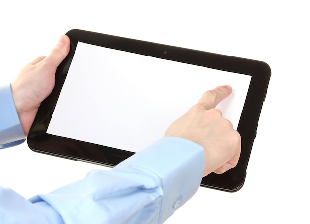 Male hands holding a tablet isolated on white