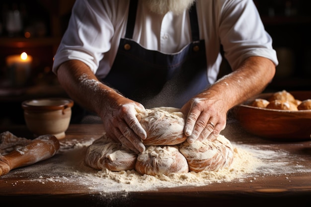 Male hands kneading bread on sprinkled table