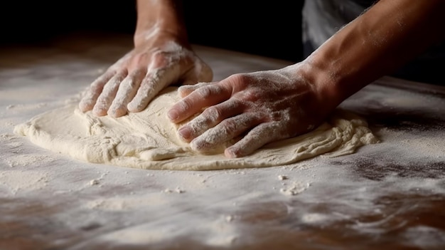 Male hands kneading dough on a wooden table in a bakery Chef prepares the dough with flour