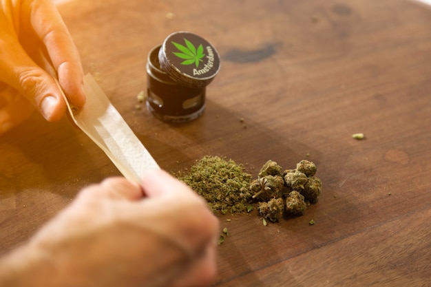 Male hands rolling a marijuana joint. Selective focus