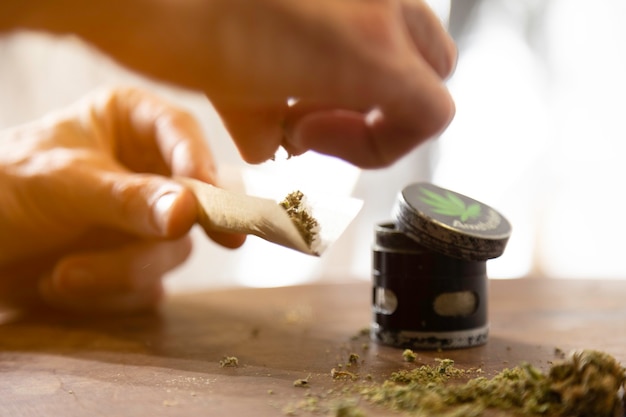 Male hands rolling a marijuana joint. Selective focus